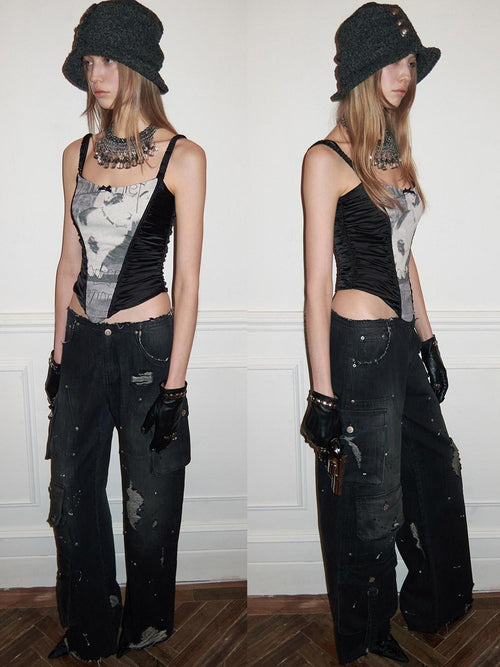 1JINN STUDIO 98% Cotton Low Rise Utility Multi Pocket Black Women Straight Leg Jeans