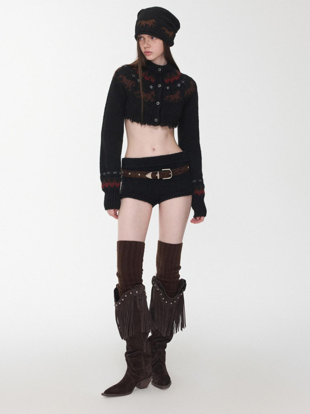 1JINN STUDIO Animal Print Crop Cardigan High Waist Shorts Long Sleeve Top & Shorts Sets