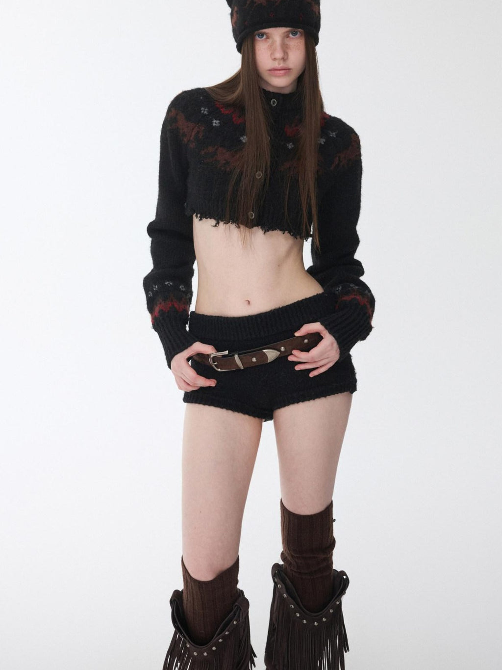 1JINN STUDIO Animal Print Crop Cardigan High Waist Shorts Long Sleeve Top & Shorts Sets