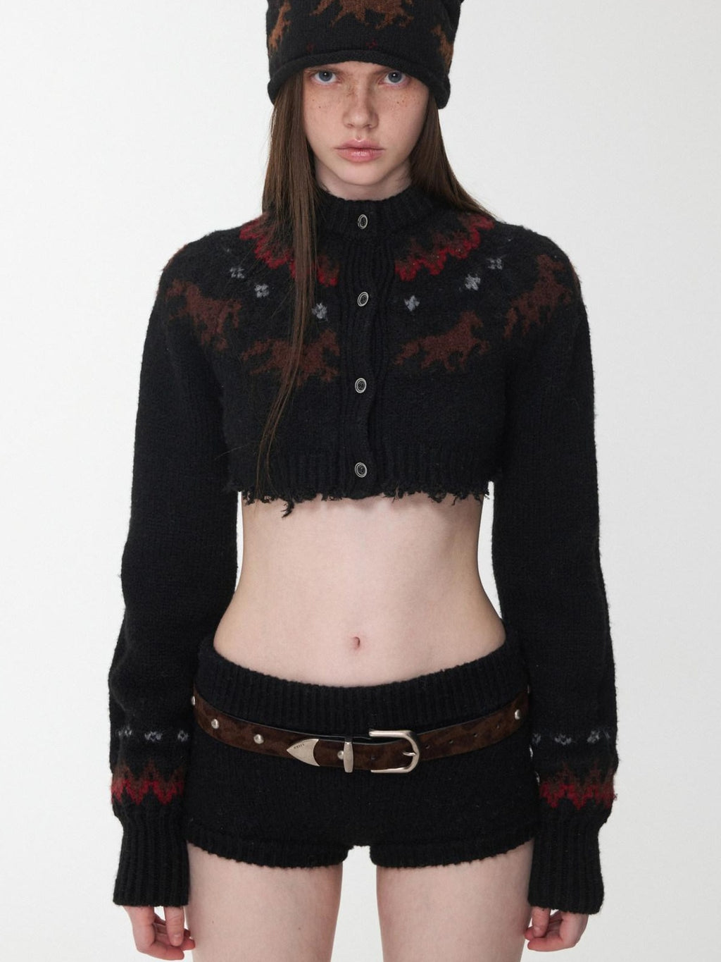1JINN STUDIO Animal Print Crop Cardigan High Waist Shorts Long Sleeve Top & Shorts Sets