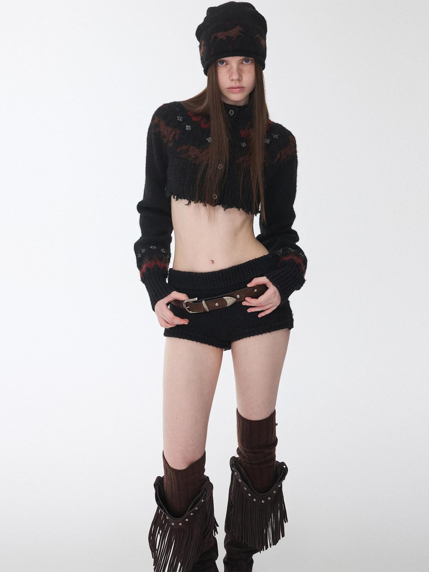1JINN STUDIO Animal Print Crop Cardigan High Waist Shorts Long Sleeve Top & Shorts Sets