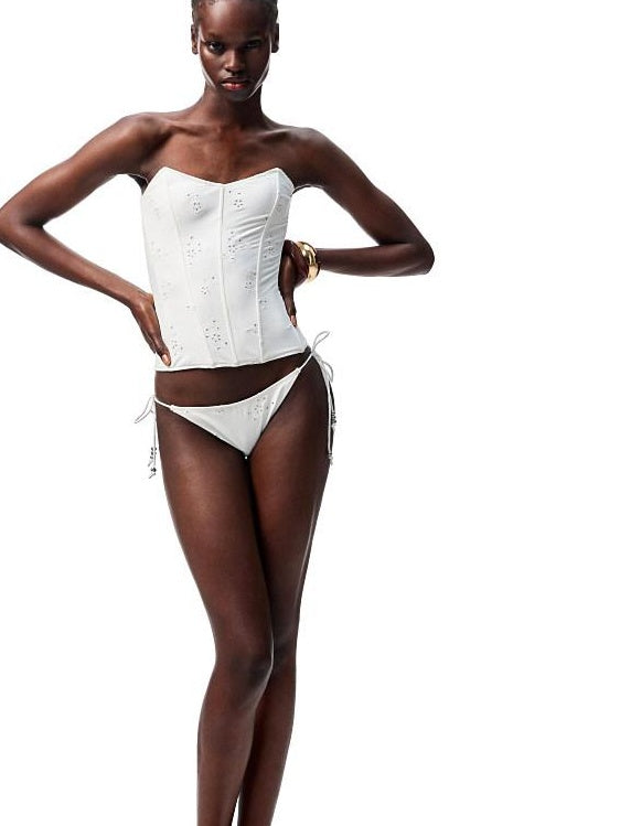 1JINN STUDIO Asymmetric Slim Fit Short Versatile White Jacquard Solid Swimwear S M L Bikinis