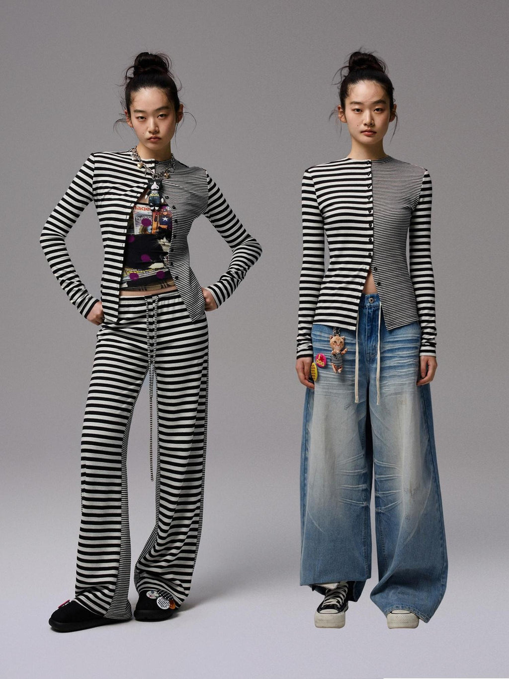 1JINN STUDIO Asymmetric Slim Workwear Striped Polyester Cotton Blend Women Top & Pants Sets