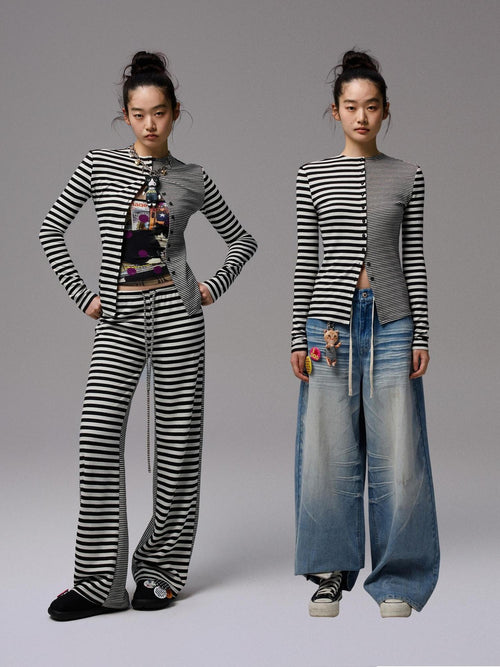 1JINN STUDIO Asymmetric Slim Workwear Striped Polyester Cotton Blend Women Top & Pants Sets