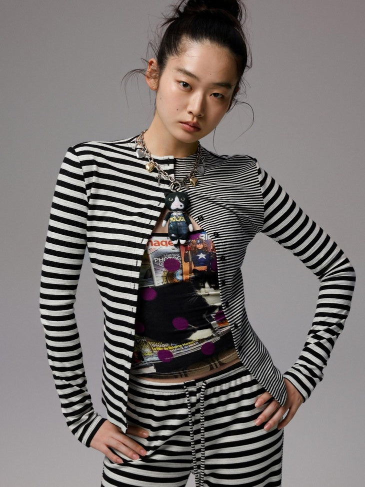 1JINN STUDIO Asymmetric Slim Workwear Striped Polyester Cotton Blend Women Top & Pants Sets
