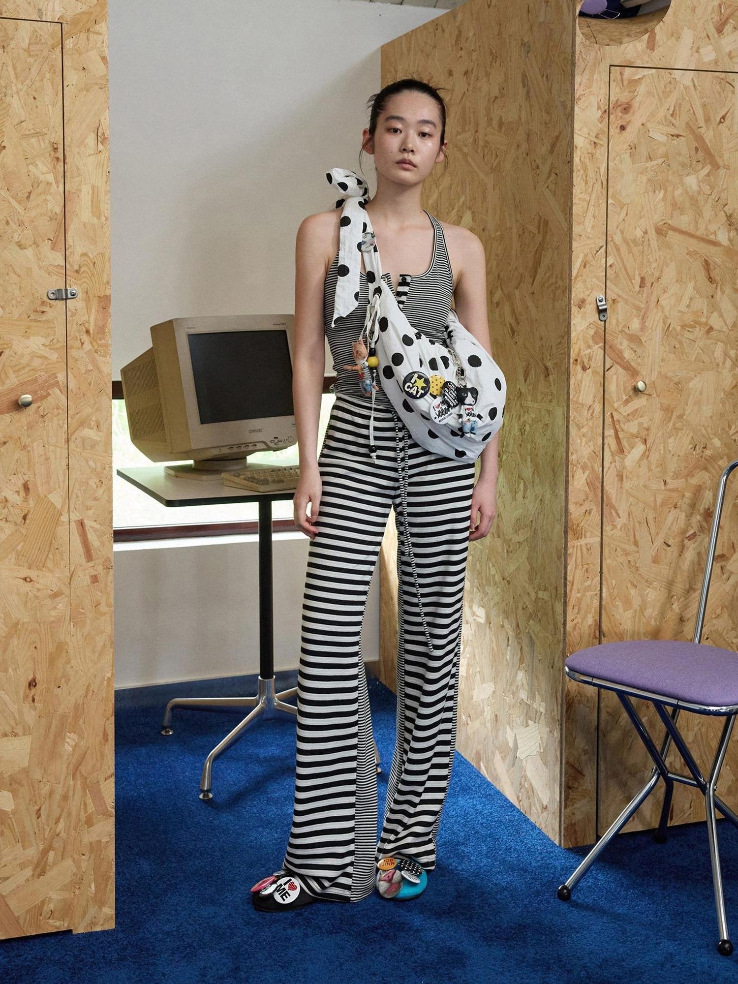 1JINN STUDIO Asymmetric Slim Workwear Striped Polyester Cotton Blend Women Top & Pants Sets