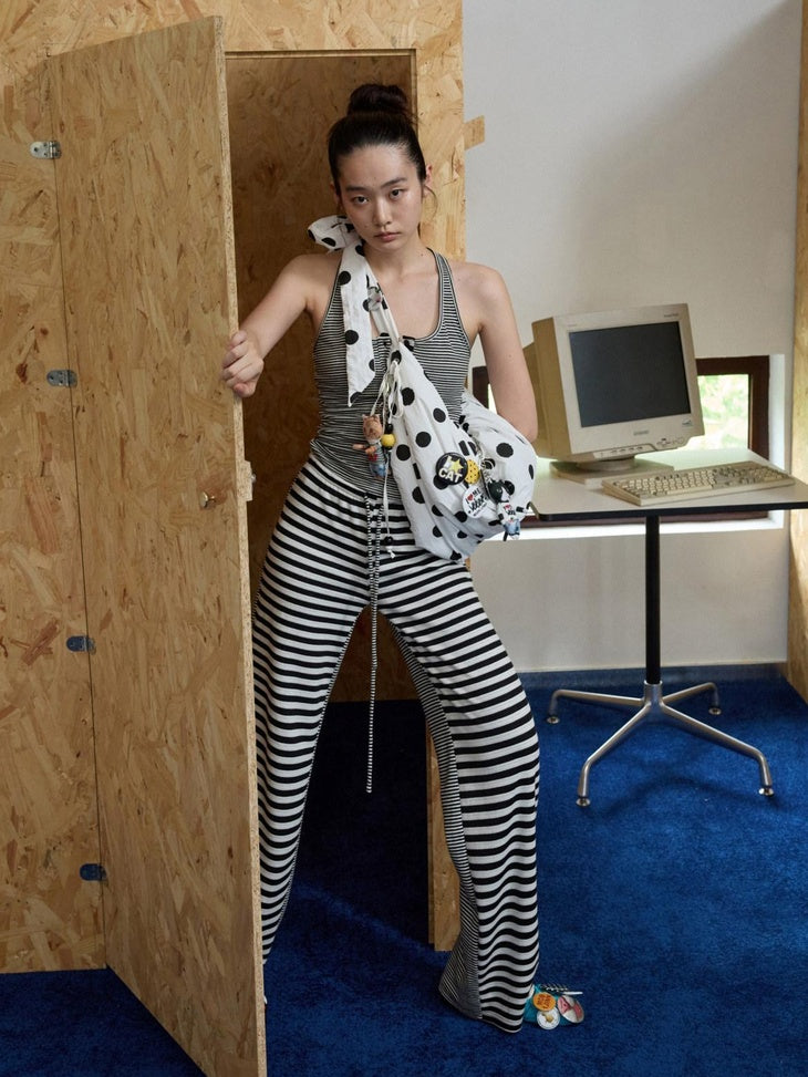 1JINN STUDIO Asymmetric Slim Workwear Striped Polyester Cotton Blend Women Top & Pants Sets