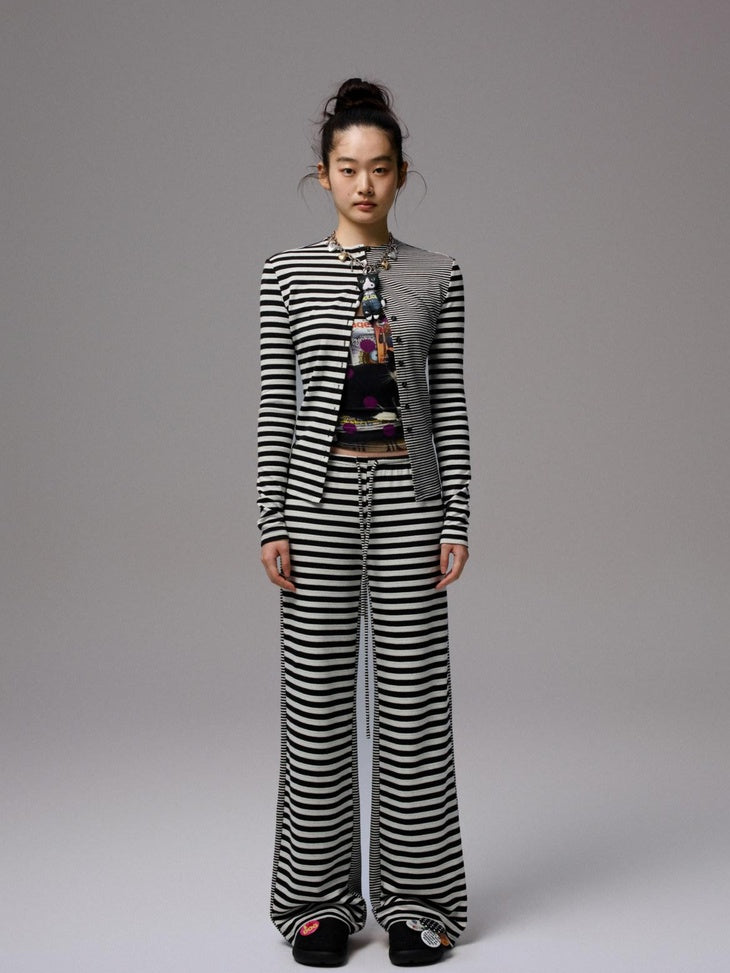 1JINN STUDIO Asymmetric Slim Workwear Striped Polyester Cotton Blend Women Top & Pants Sets