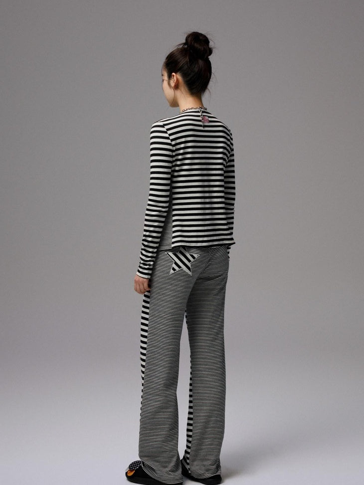 1JINN STUDIO Asymmetric Slim Workwear Striped Polyester Cotton Blend Women Top & Pants Sets