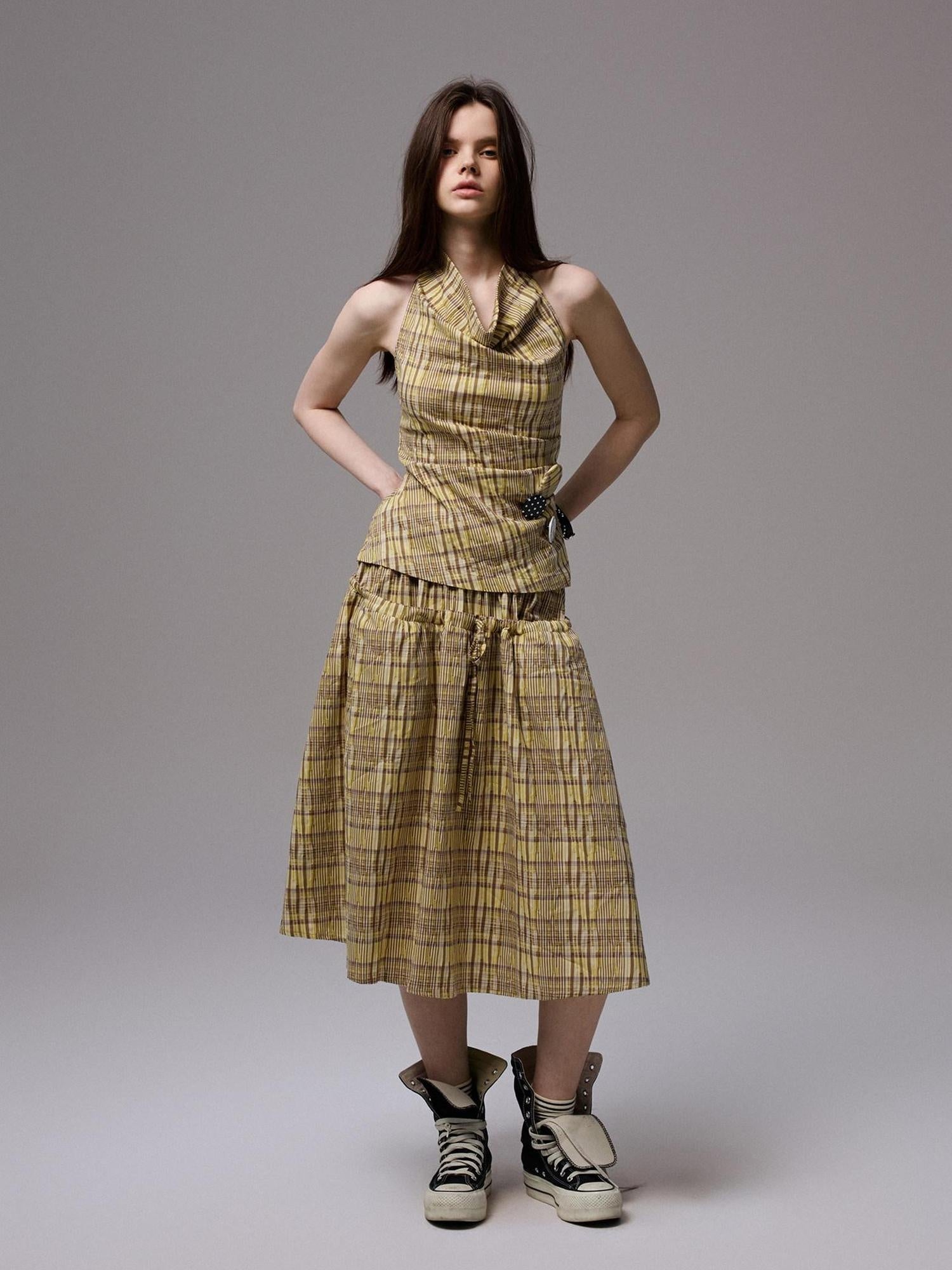1JINN STUDIO Backless Cotton Plaid Cropped Slim Relaxed Camisole Women Top & Skirt Sets