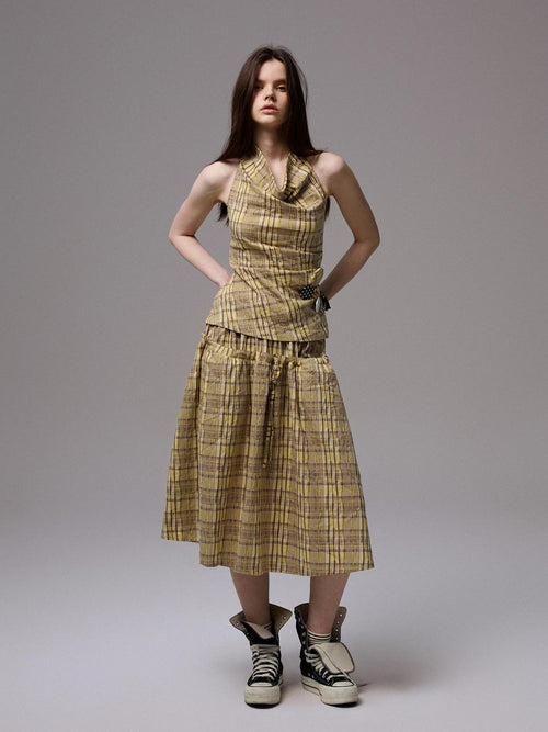 1JINN STUDIO Backless Cotton Plaid Cropped Slim Relaxed Camisole Women Top & Skirt Sets