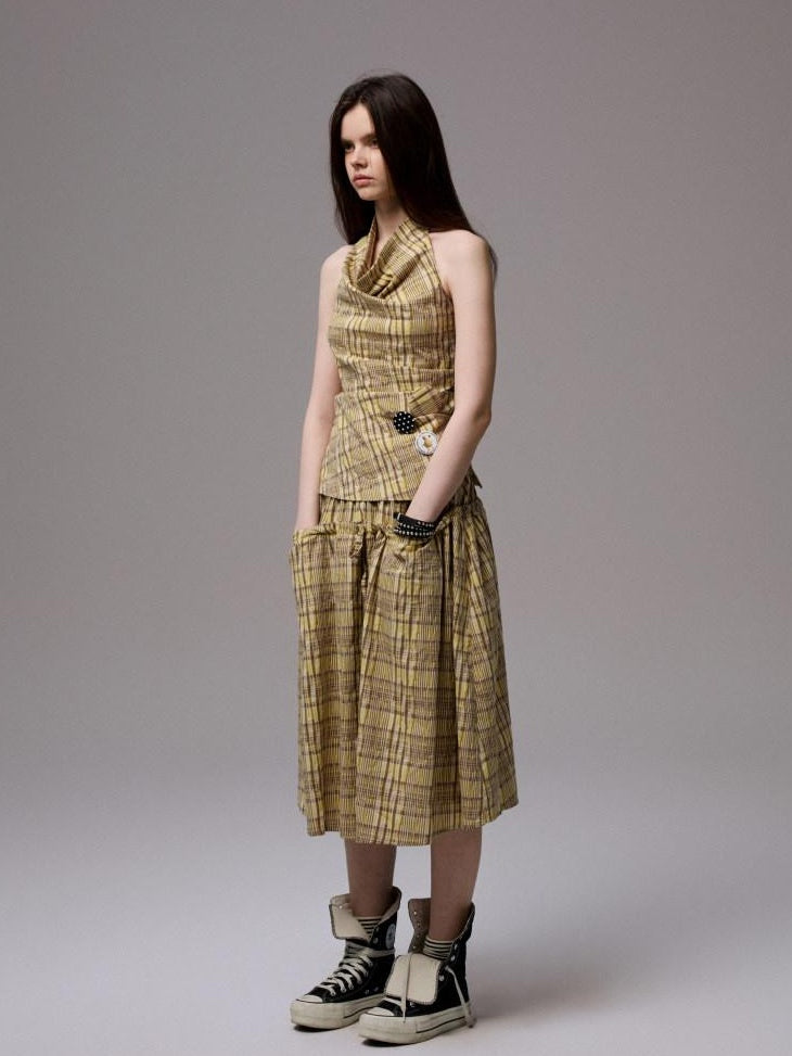 1JINN STUDIO Backless Cotton Plaid Cropped Slim Relaxed Camisole Women Top & Skirt Sets