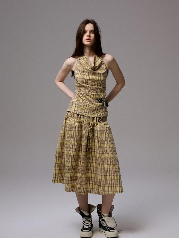 1JINN STUDIO Backless Cotton Plaid Cropped Slim Relaxed Camisole Women Top & Skirt Sets