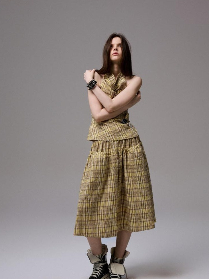 1JINN STUDIO Backless Cotton Plaid Cropped Slim Relaxed Camisole Women Top & Skirt Sets