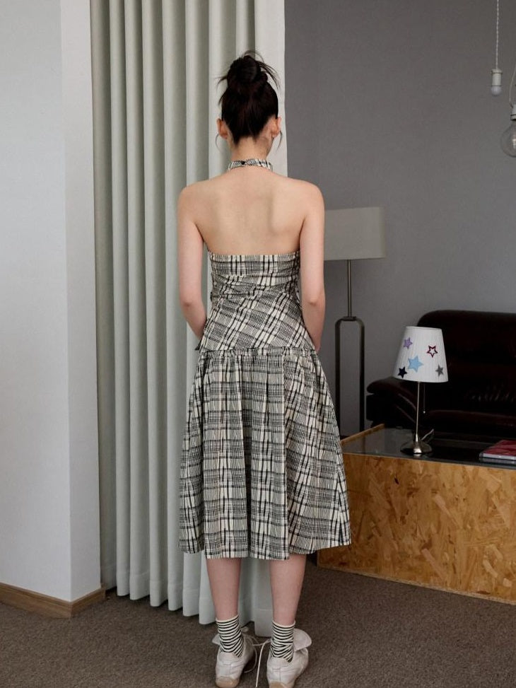 1JINN STUDIO Backless Cotton Plaid Cropped Slim Relaxed Camisole Women Top & Skirt Sets
