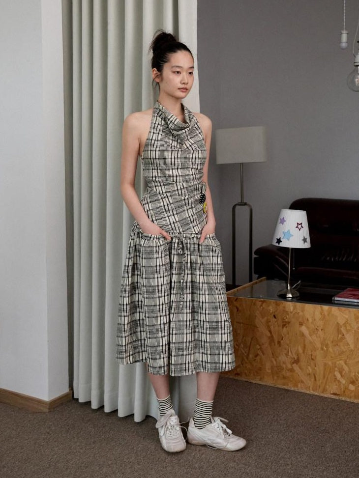 1JINN STUDIO Backless Cotton Plaid Cropped Slim Relaxed Camisole Women Top & Skirt Sets