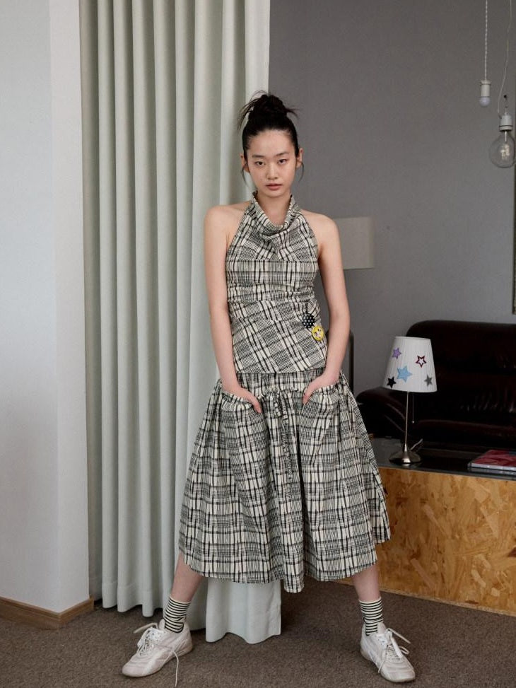 1JINN STUDIO Backless Cotton Plaid Cropped Slim Relaxed Camisole Women Top & Skirt Sets