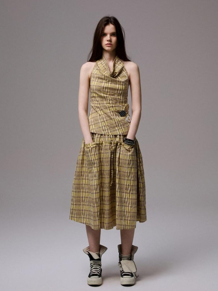 1JINN STUDIO Backless Cotton Plaid Cropped Slim Relaxed Camisole Women Top & Skirt Sets