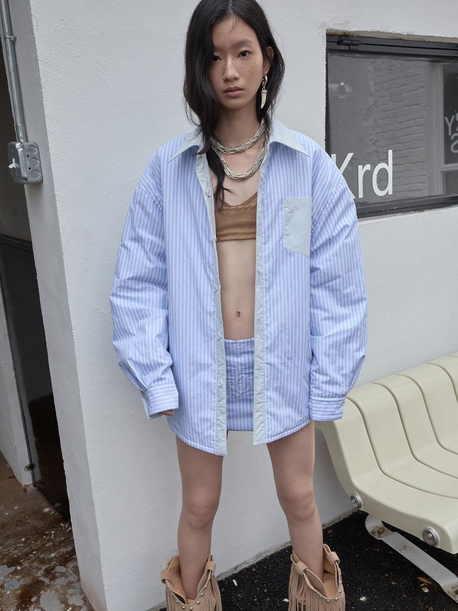 1JINN STUDIO Blue White Striped 3 Piece Tie Mini Skirt Jacket Women Top & Skirt Sets