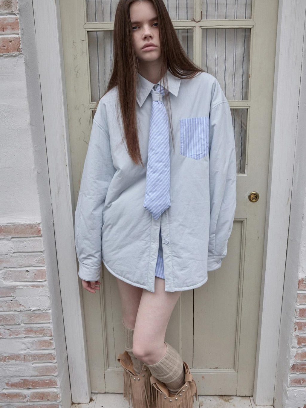 1JINN STUDIO Blue White Striped 3 Piece Tie Mini Skirt Jacket Women Top & Skirt Sets