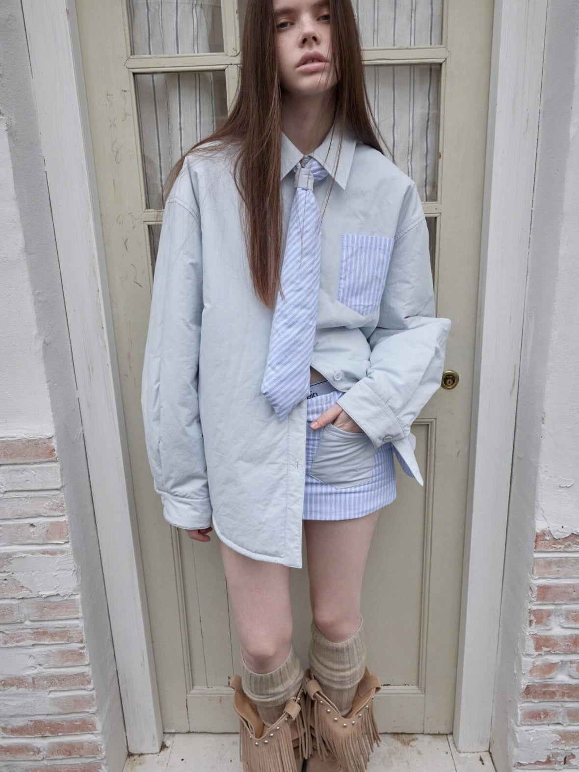 1JINN STUDIO Blue White Striped 3 Piece Tie Mini Skirt Jacket Women Top & Skirt Sets