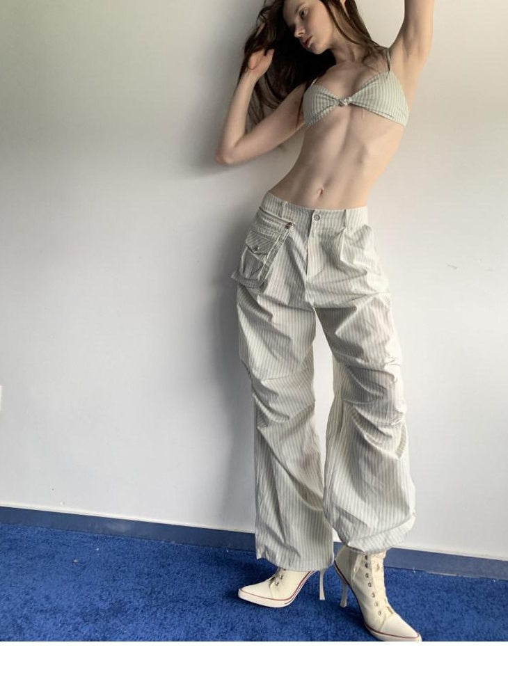 1JINN STUDIO Breathable 100% Cotton Striped Polo Loose Fit Longsleeve Women Top & Pants Sets