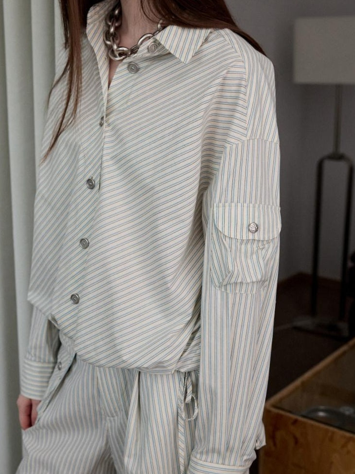 1JINN STUDIO Breathable 100% Cotton Striped Polo Loose Fit Longsleeve Women Top & Pants Sets