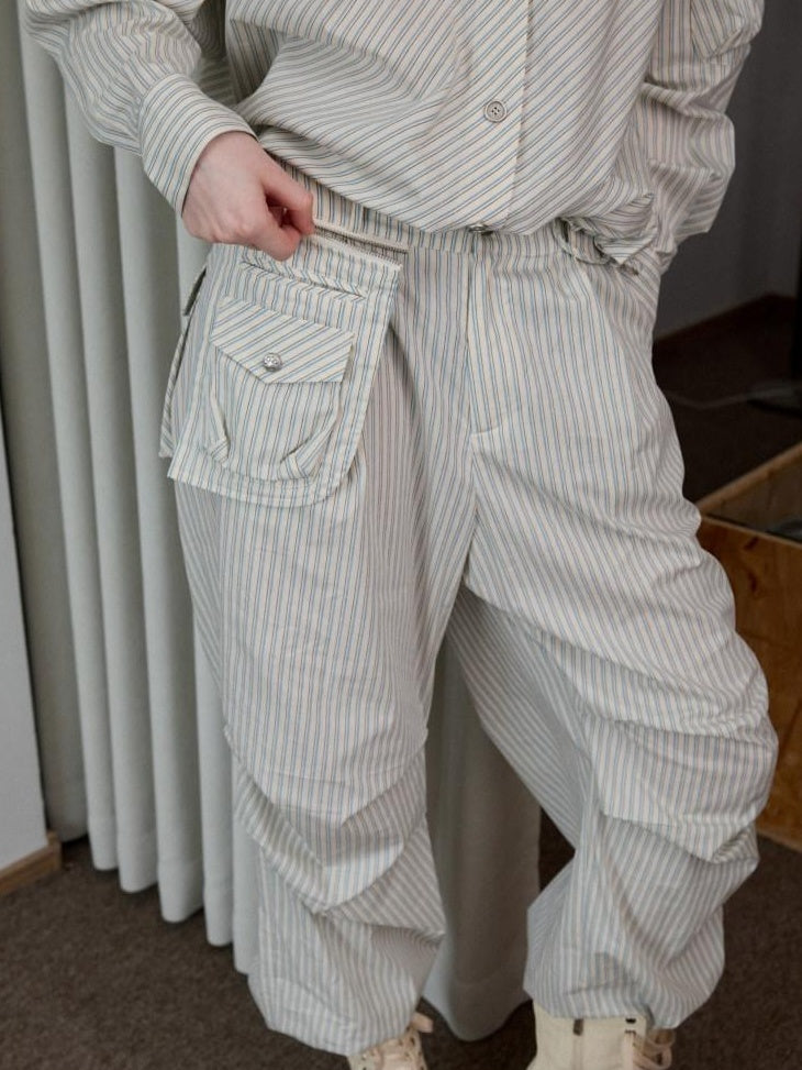 1JINN STUDIO Breathable 100% Cotton Striped Polo Loose Fit Longsleeve Women Top & Pants Sets