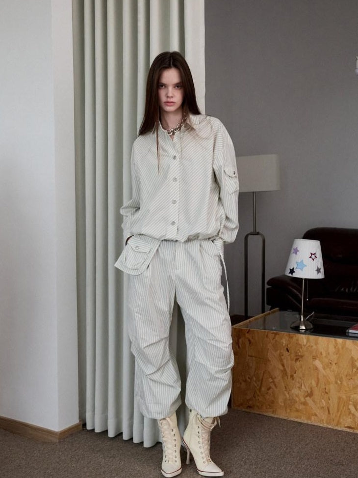 1JINN STUDIO Breathable 100% Cotton Striped Polo Loose Fit Longsleeve Women Top & Pants Sets