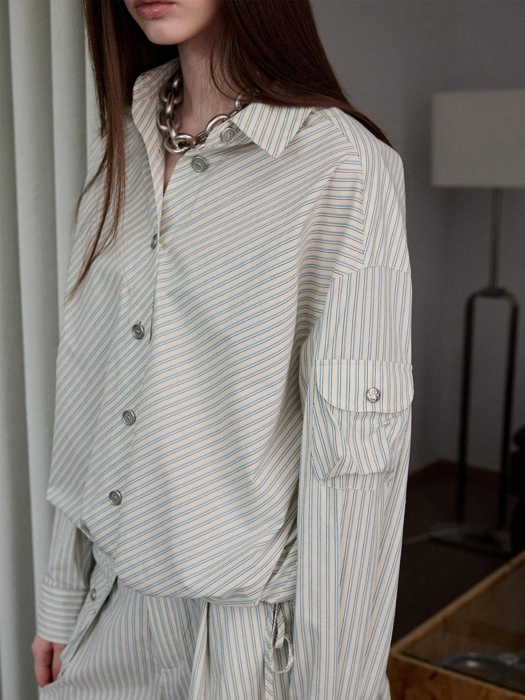 1JINN STUDIO Breathable 100% Cotton Striped Polo Loose Fit Longsleeve Women Top & Pants Sets
