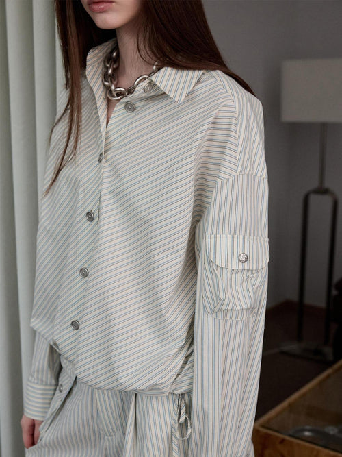 1JINN STUDIO Breathable 100% Cotton Striped Polo Loose Fit Longsleeve Women Top & Pants Sets