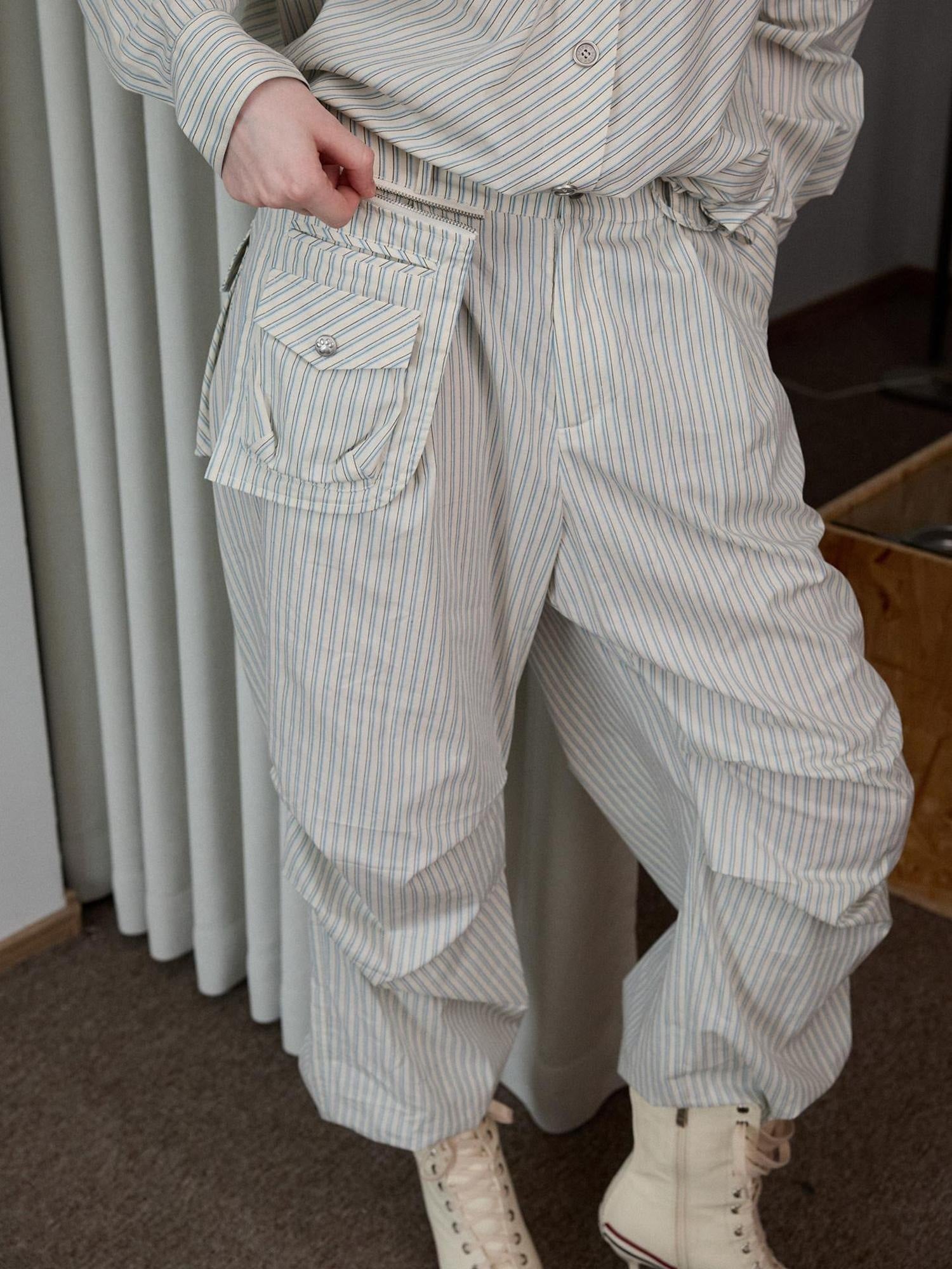 1JINN STUDIO Breathable 100% Cotton Striped Polo Loose Fit Longsleeve Women Top & Pants Sets