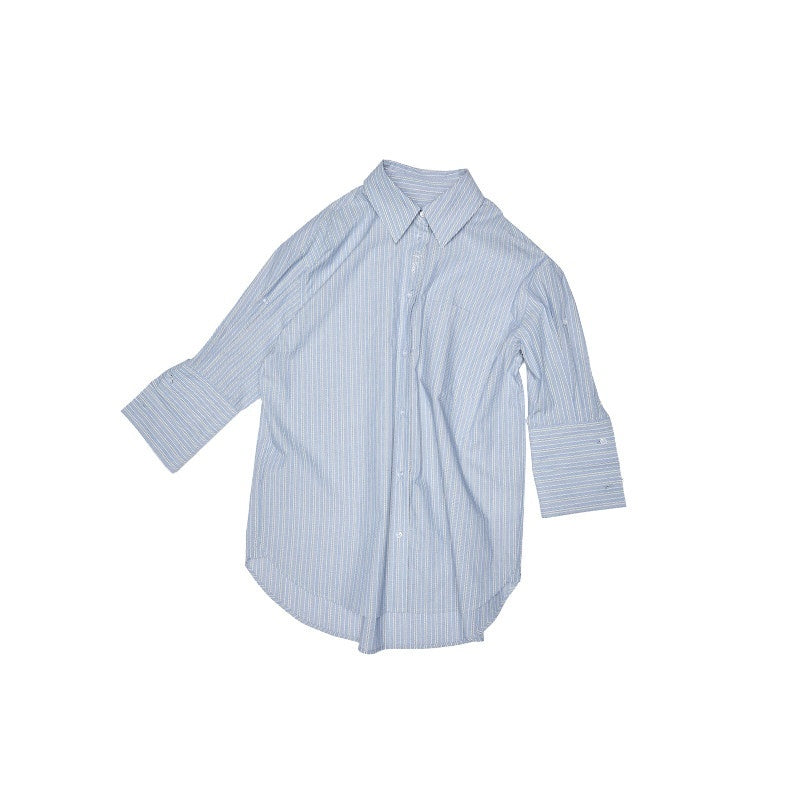 1JINN_STUDIO_Breathable_Cotton_Loose_Fit_Striped_Notched_Collar_Office_Top_&_Shorts_Sets_MISSTT