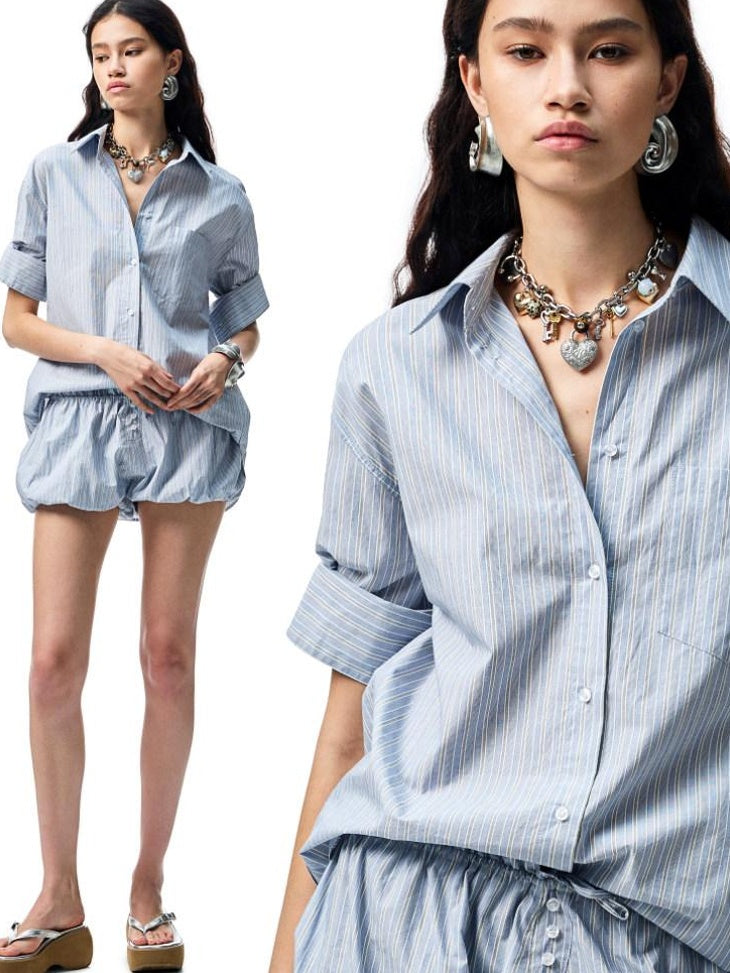 1JINN STUDIO Breathable Cotton Loose Fit Striped Notched Collar Office Top & Shorts Sets