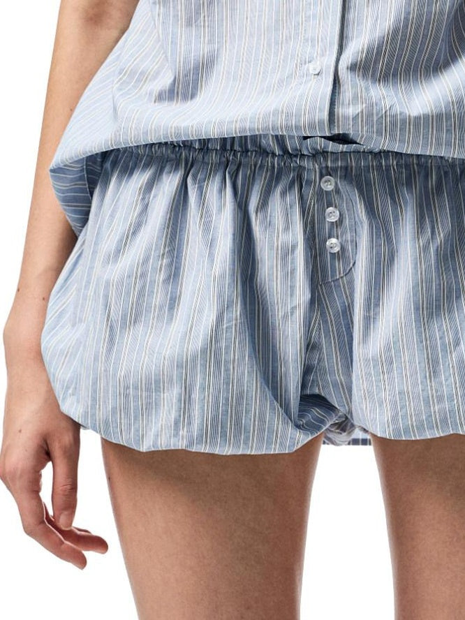1JINN STUDIO Breathable Cotton Loose Fit Striped Notched Collar Office Top & Shorts Sets