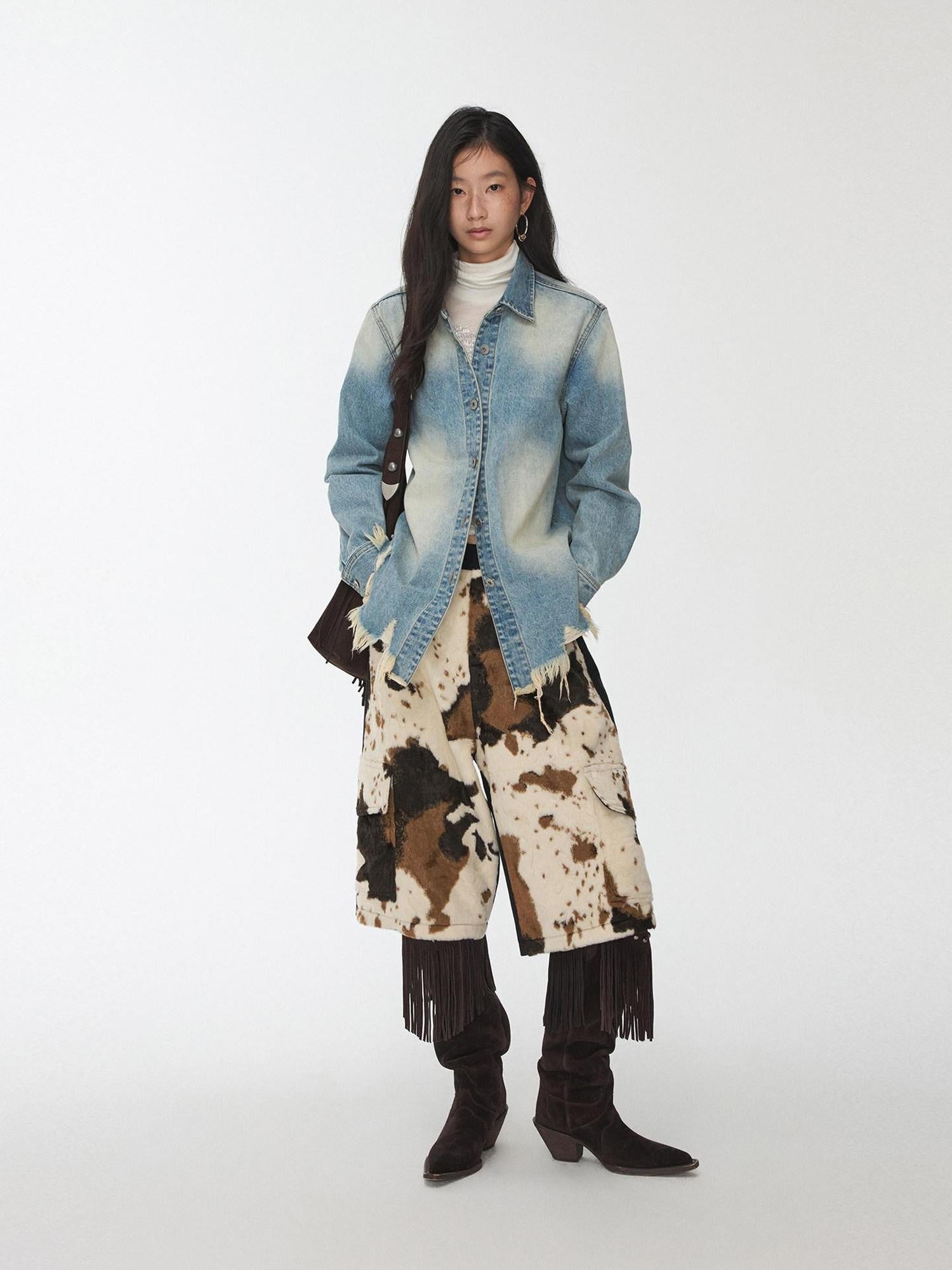 1JINN STUDIO Breathable Cotton Vintage Frayed Edge Cuffed Sleeve Casual Washed Denim Jackets