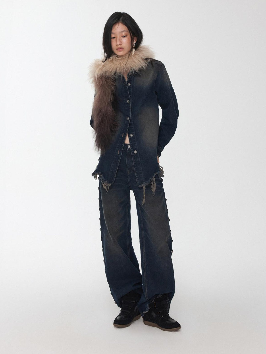 1JINN STUDIO Breathable Cotton Vintage Frayed Edge Cuffed Sleeve Casual Washed Denim Jackets