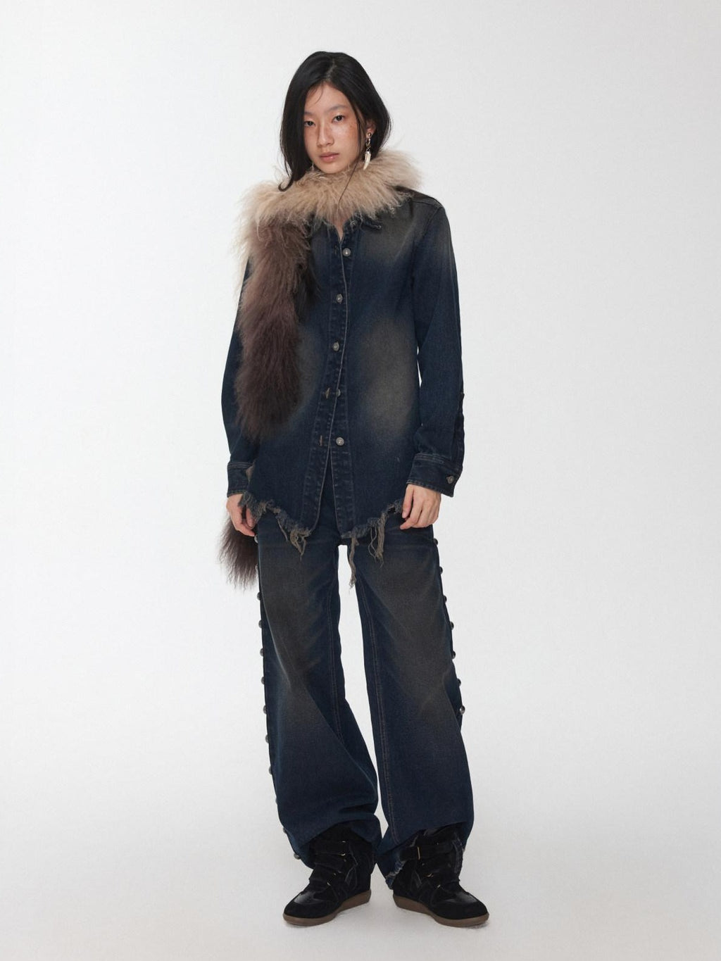 1JINN STUDIO Breathable Cotton Vintage Frayed Edge Cuffed Sleeve Casual Washed Denim Jackets
