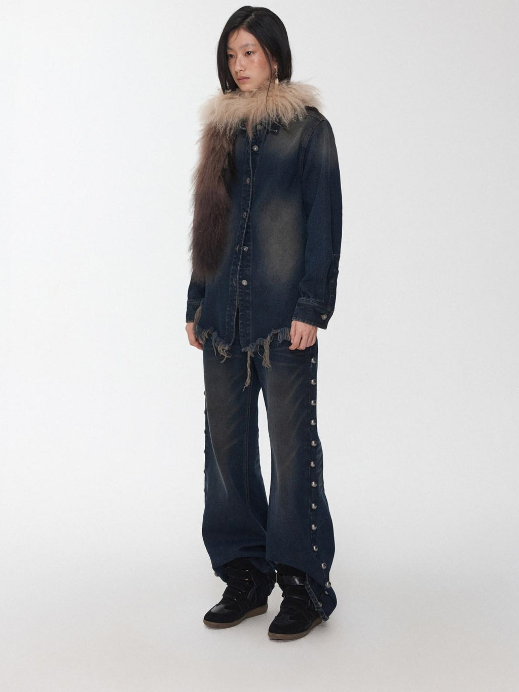 1JINN STUDIO Breathable Cotton Vintage Frayed Edge Cuffed Sleeve Casual Washed Denim Jackets