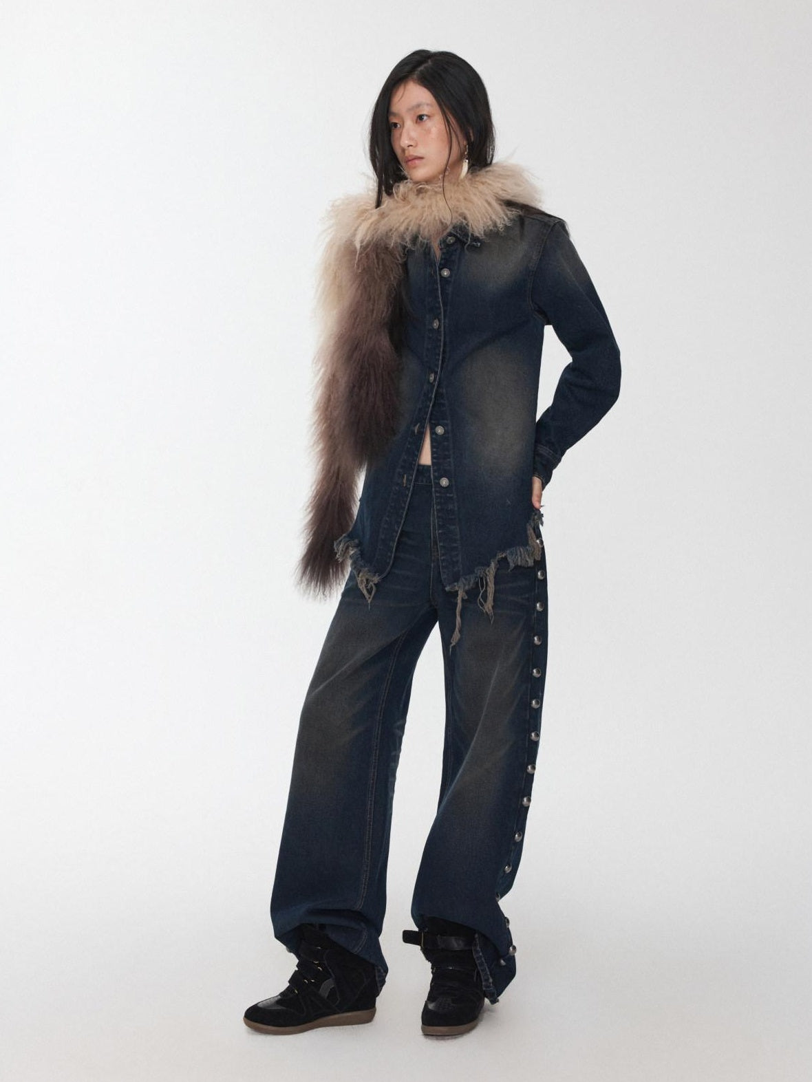 1JINN STUDIO Breathable Cotton Vintage Frayed Edge Cuffed Sleeve Casual Washed Denim Jackets