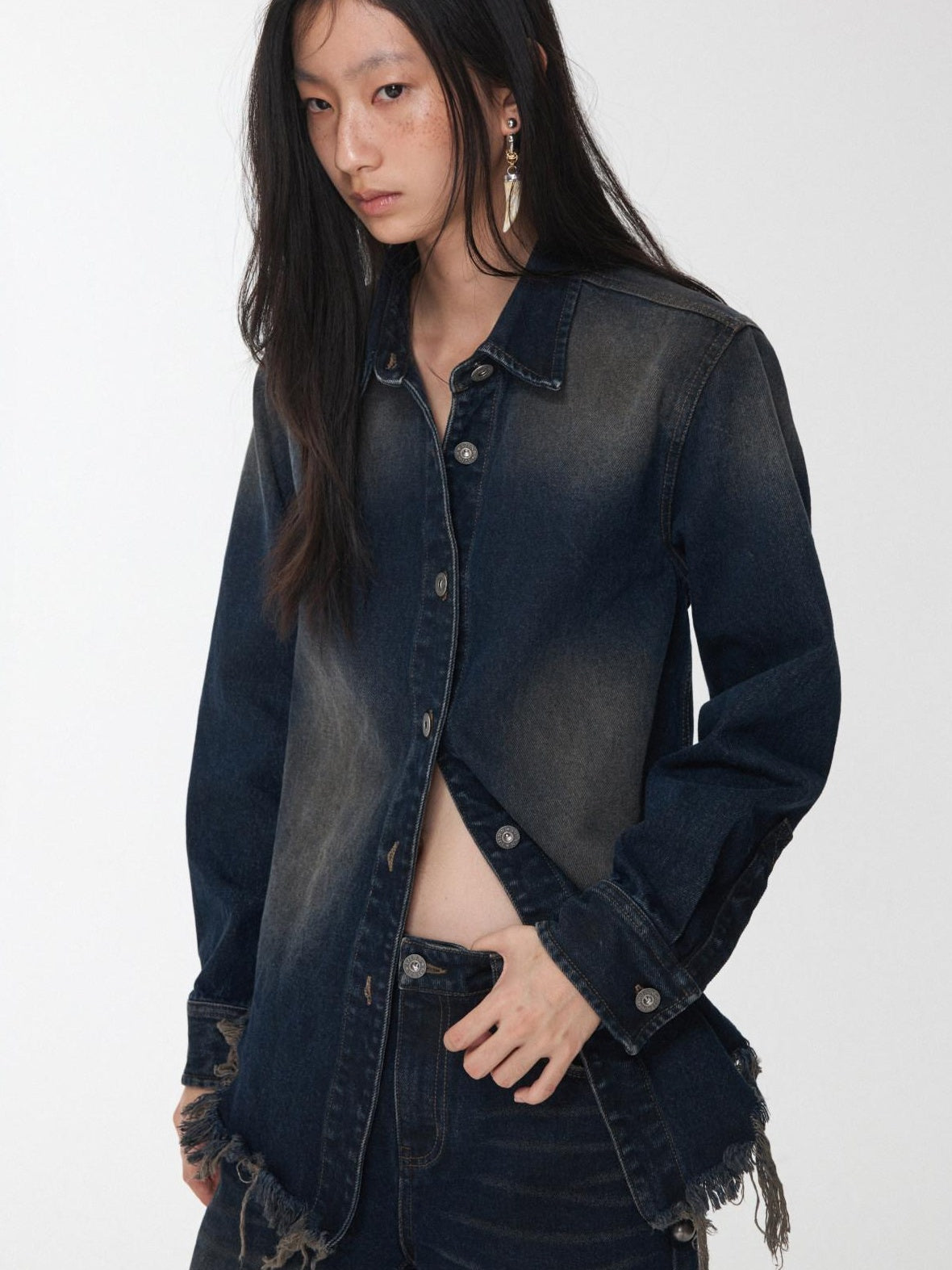 1JINN STUDIO Breathable Cotton Vintage Frayed Edge Cuffed Sleeve Casual Washed Denim Jackets