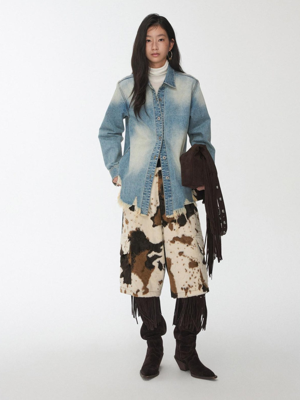 1JINN STUDIO Breathable Cotton Vintage Frayed Edge Cuffed Sleeve Casual Washed Denim Jackets