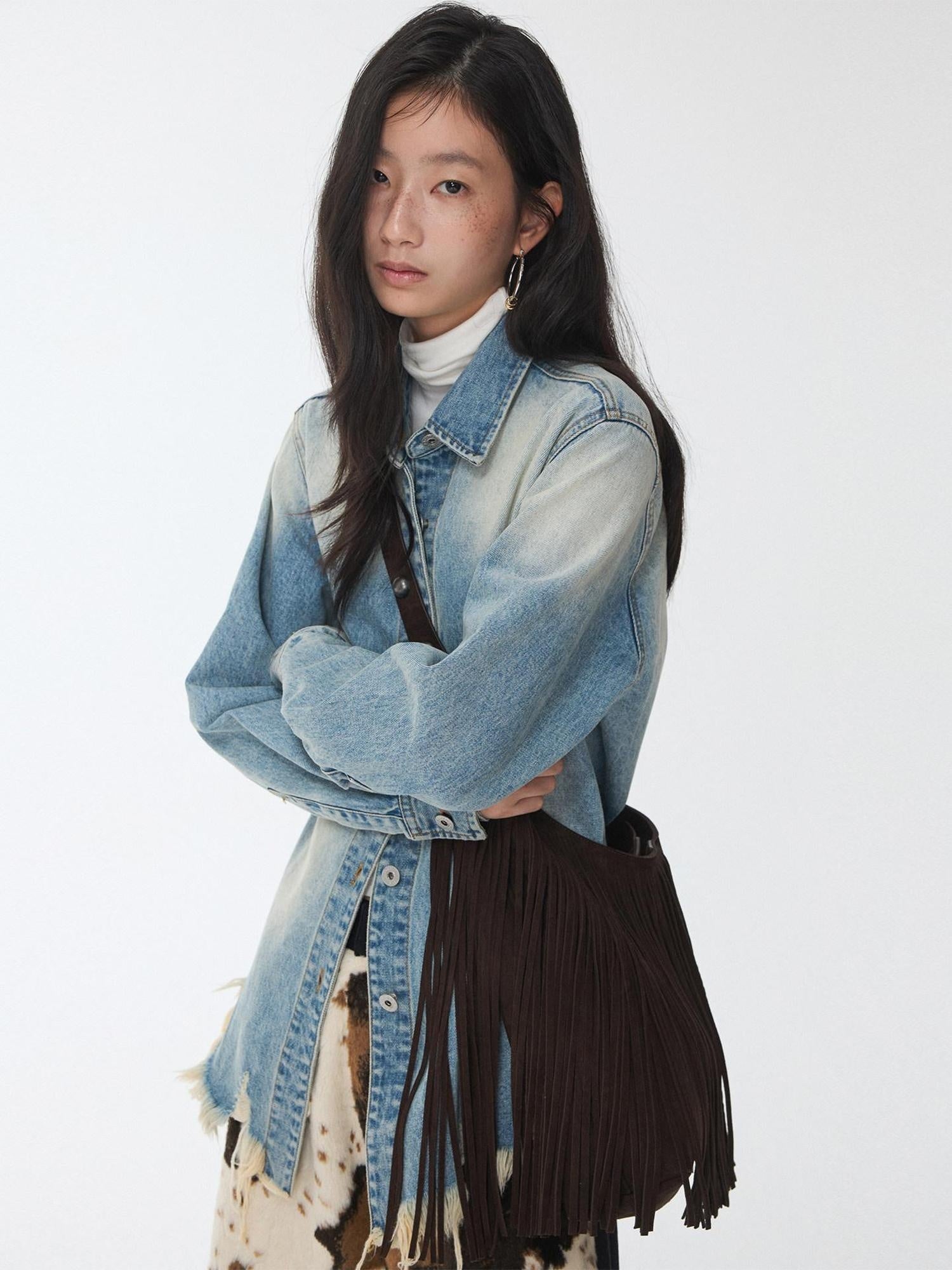 1JINN STUDIO Breathable Cotton Vintage Frayed Edge Cuffed Sleeve Casual Washed Denim Jackets
