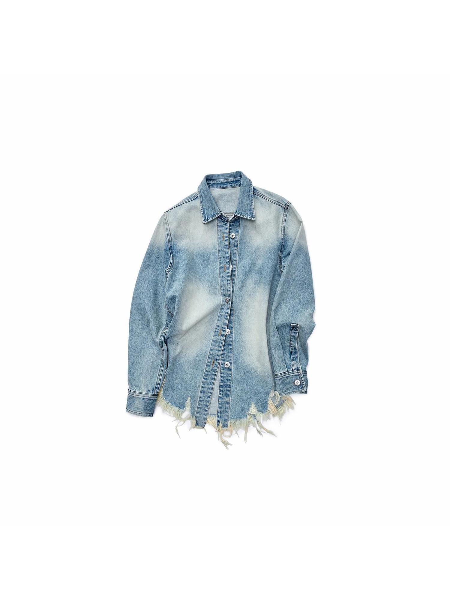 1JINN STUDIO Breathable Cotton Vintage Frayed Edge Cuffed Sleeve Casual Washed Denim Jackets