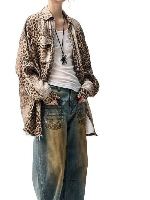 1JINN STUDIO Breathable Cotton Vintage Washed Leopard Loose Fit Lapel Women Button Shackets