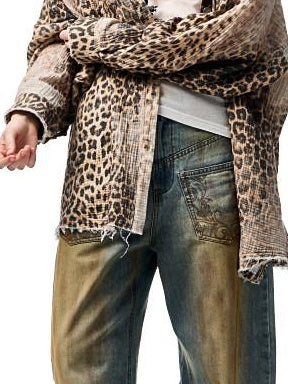 1JINN STUDIO Breathable Cotton Vintage Washed Leopard Loose Fit Lapel Women Button Shackets