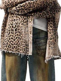 1JINN STUDIO Breathable Cotton Vintage Washed Leopard Loose Fit Lapel Women Button Shackets