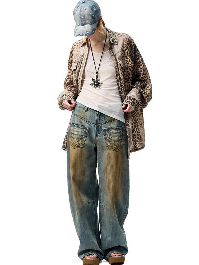 1JINN STUDIO Breathable Cotton Vintage Washed Leopard Loose Fit Lapel Women Button Shackets