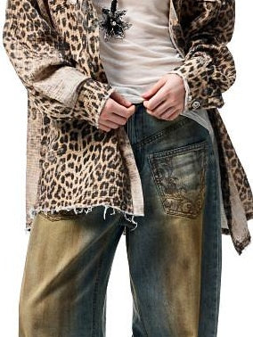 1JINN STUDIO Breathable Cotton Vintage Washed Leopard Loose Fit Lapel Women Button Shackets