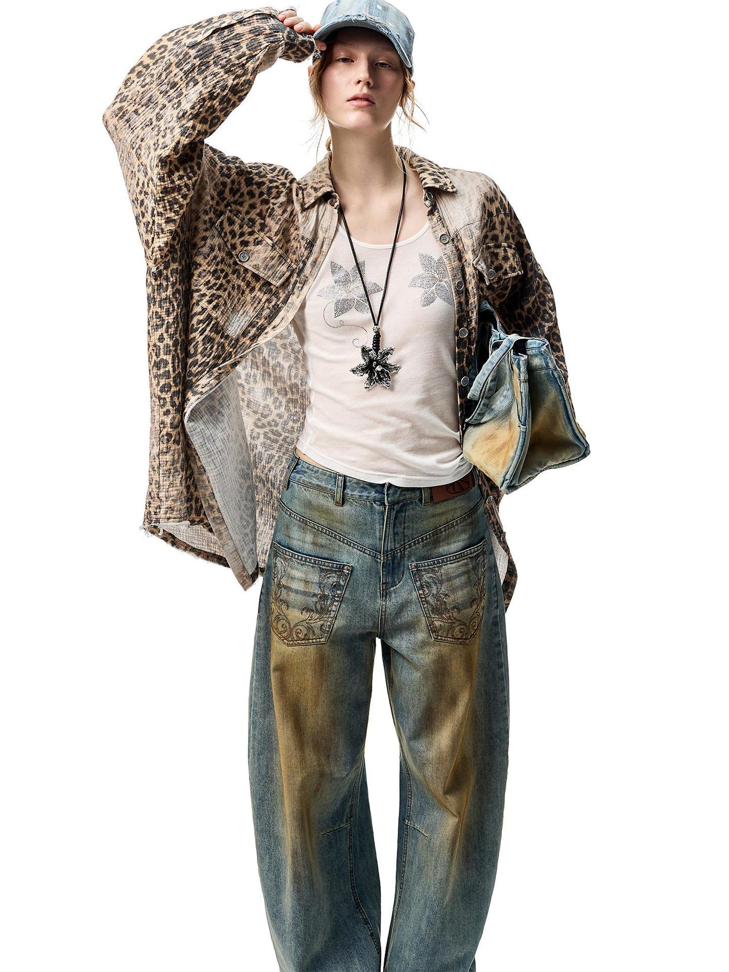 1JINN STUDIO Breathable Cotton Vintage Washed Leopard Loose Fit Lapel Women Button Shackets